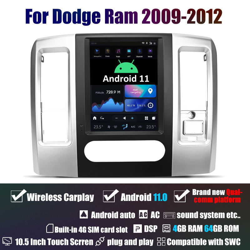Smart Head Unit Dodge RAM 2008-2011 2 Front Seat Head Unit Android 11, 10.5" Inch Screen